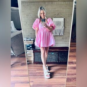 &mecci Pink Puff-Sleeve Mini Dress